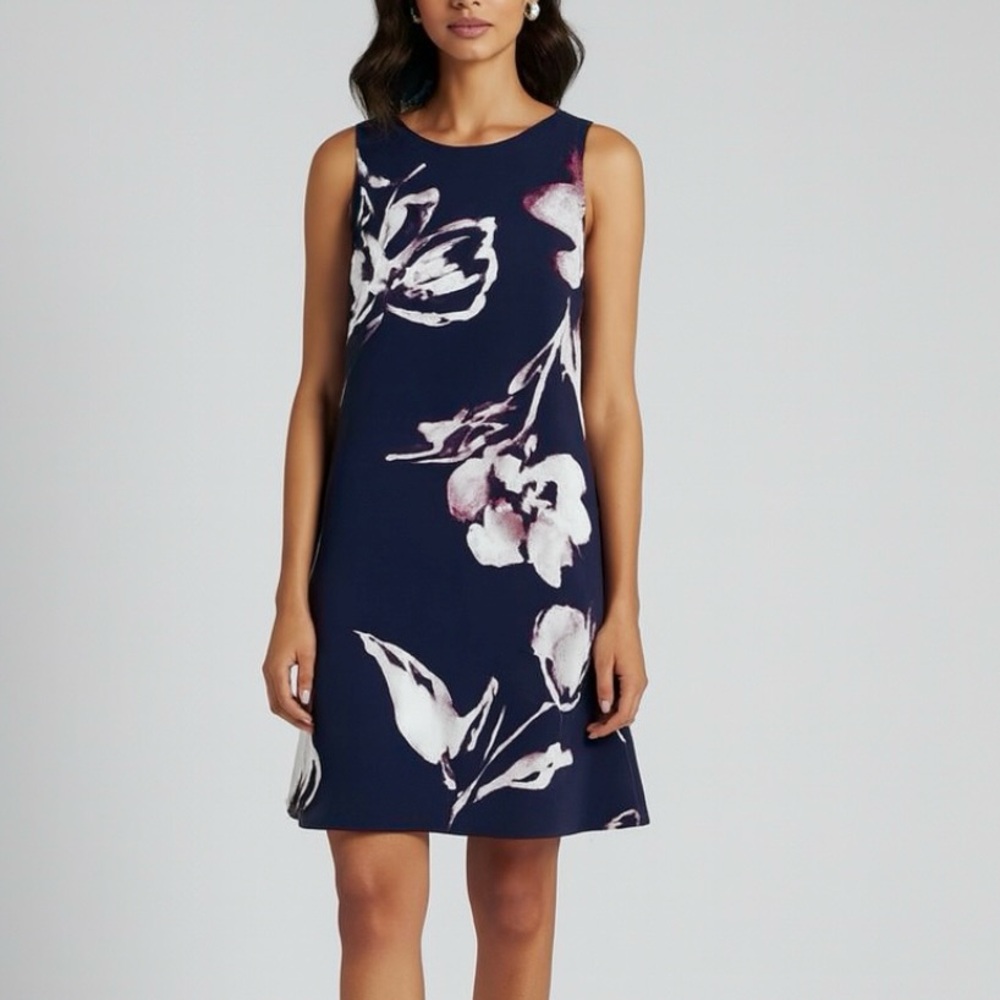 Ralph Lauren Navy Blue Floral A Line Sleeveless Trapeze Dress Size 8